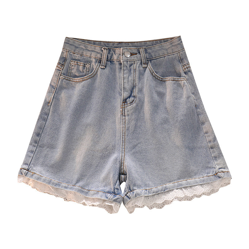 Short en jean taille haute avec motif en dentelle