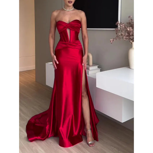 Robe de soirée extra longue rouge à fente