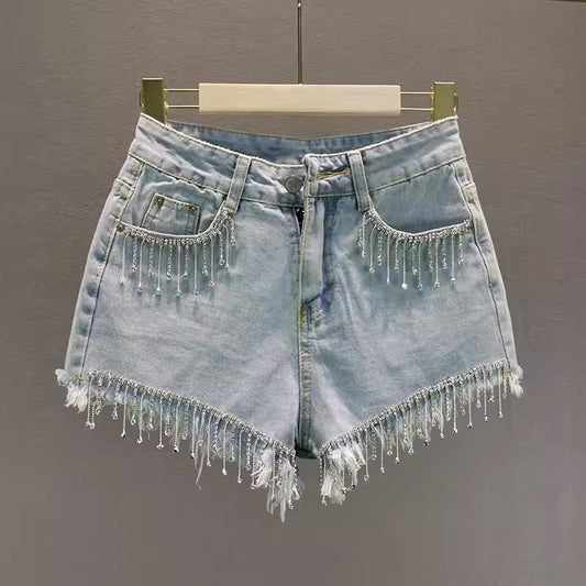 Short en jean taille haute à frange strass