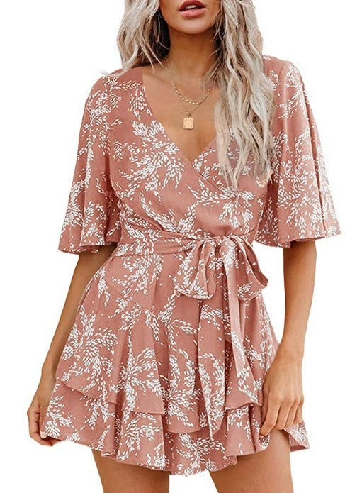 Robe plissée à fleurs avec col en V, manches évasées