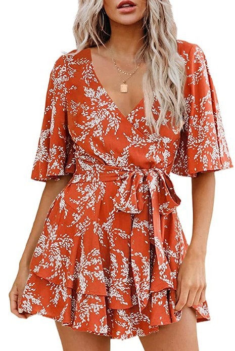 Robe plissée à fleurs avec col en V, manches évasées