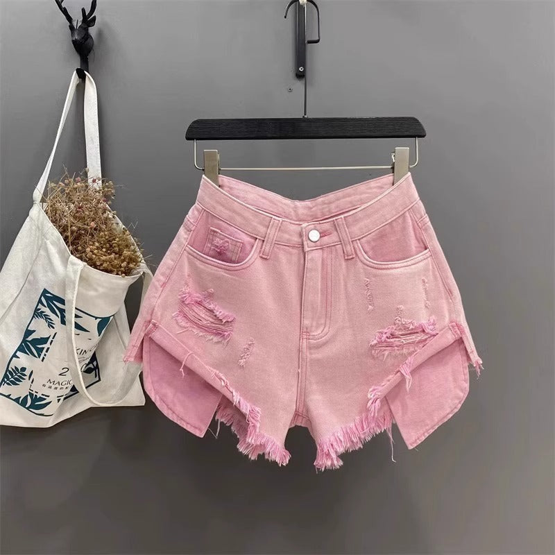 Mini short jeans à bords effilochés et poches tendance