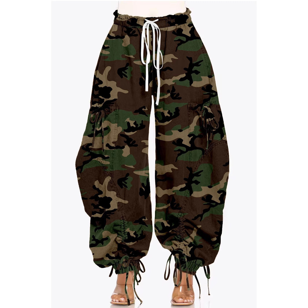 Women's Camouflage Pattern Loose Tapered Harem Pants with Large Pocket