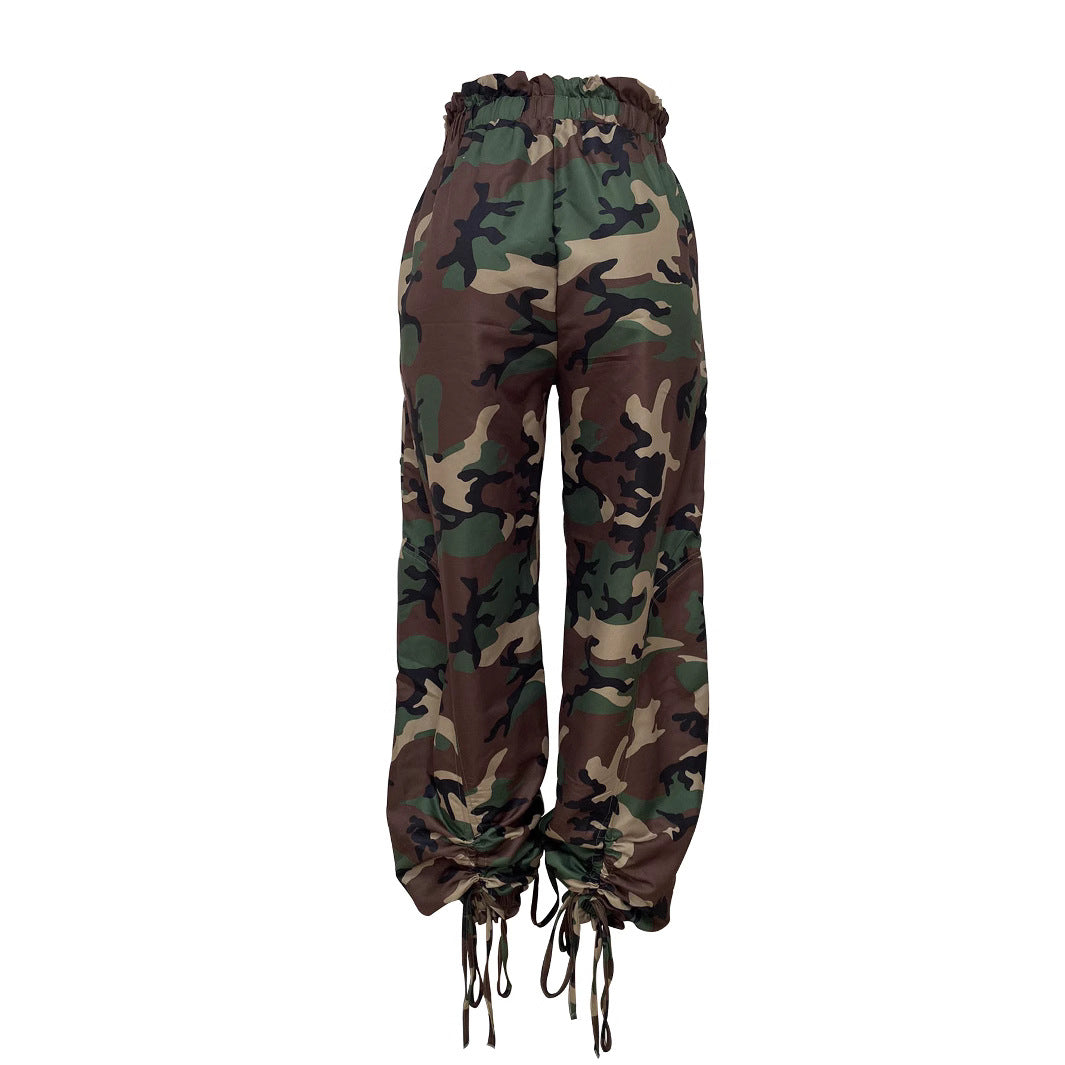 Women's Camouflage Pattern Loose Tapered Harem Pants with Large Pocket