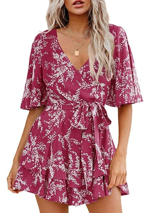 Robe plissée à fleurs avec col en V, manches évasées