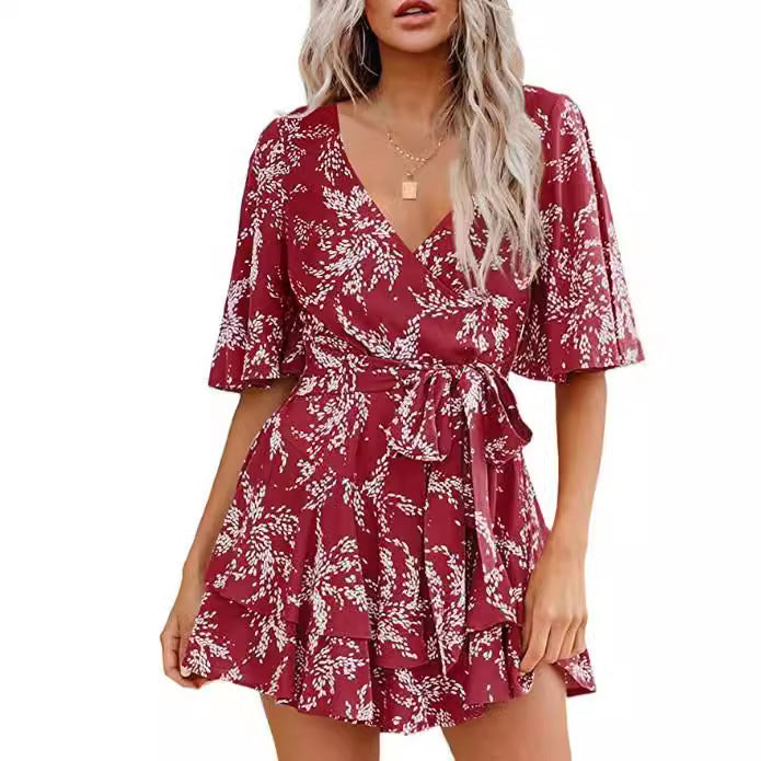 Robe plissée à fleurs avec col en V, manches évasées