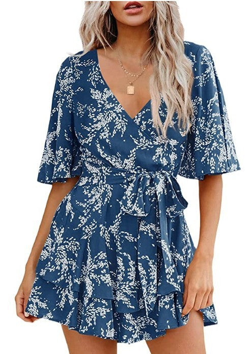 Robe plissée à fleurs avec col en V, manches évasées