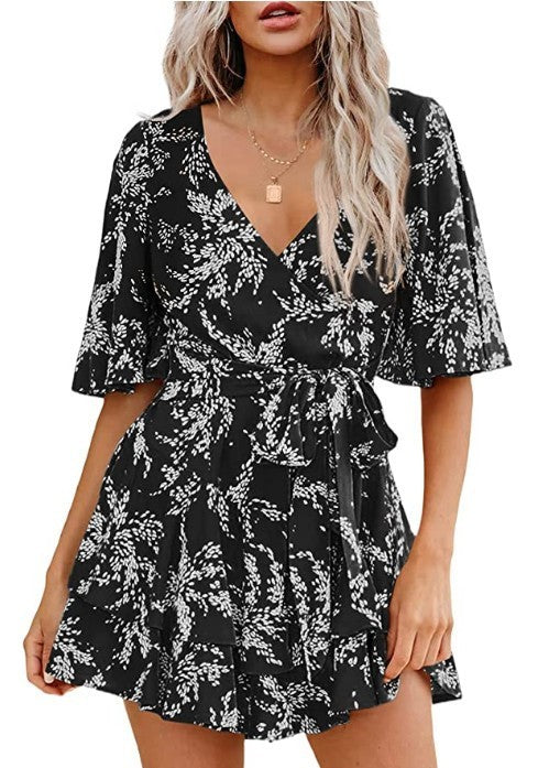 Robe plissée à fleurs avec col en V, manches évasées