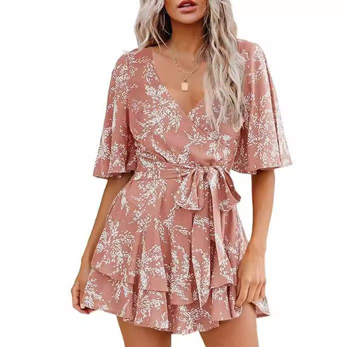 Robe plissée à fleurs avec col en V, manches évasées